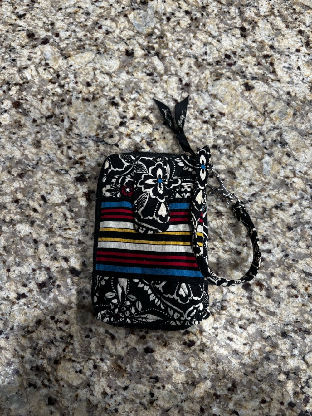 Vera Bradley Black Floral Stripe Wristlet Phone Pouch with Wrist Strap